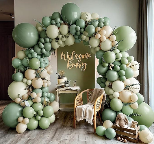 Dusty Green White Balloon Arch Double Stuffed Sage Light Green White Sand Beige Balloon Garland Eucalyptus Leaves for Baby Shower Neutral Birthday Woodland Bridal Wedding Gender Reveal Party Decor