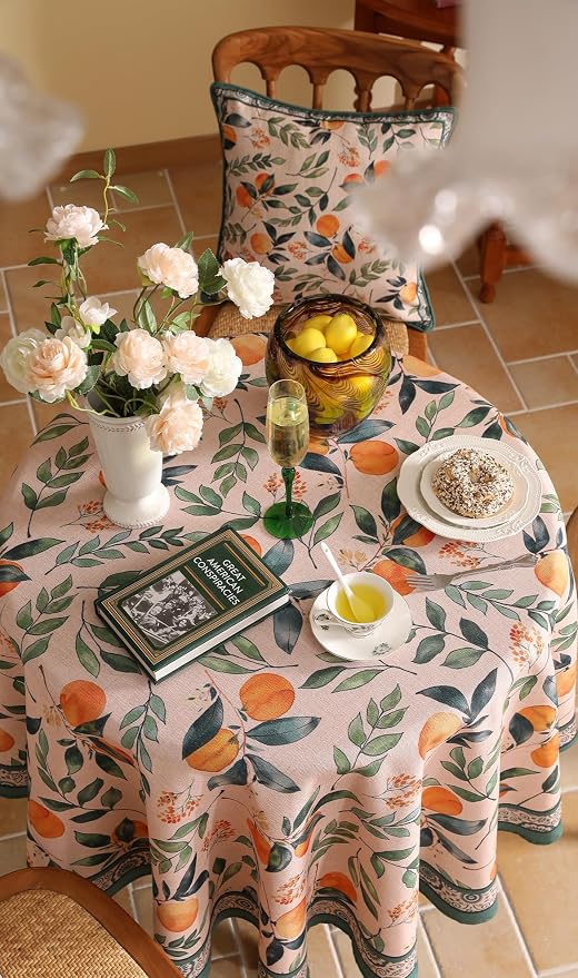 patdrea Designer French Linen Tablecloth,Round,Diameter 55"-Palladin A | Colorful Elegant Table Cloth for Round Table,Orange Floral Patterned,for Dining Room Tea Party Thanksgiving