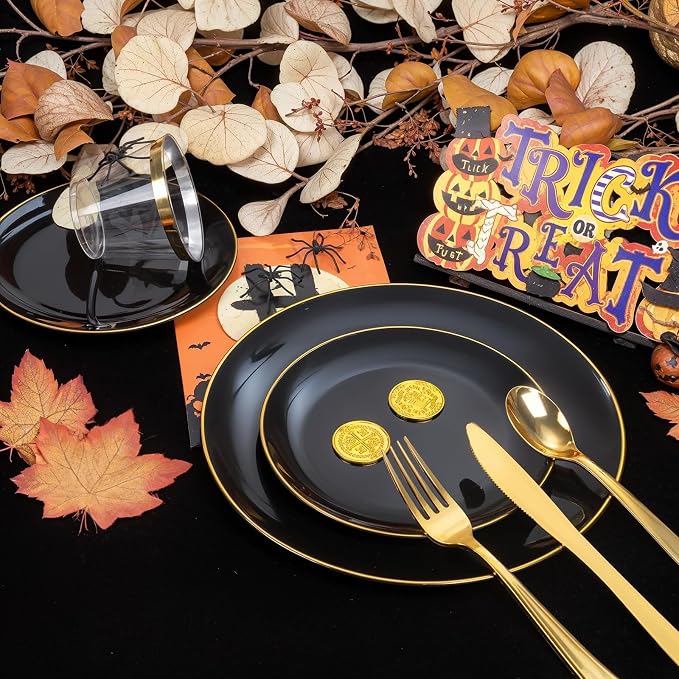 WDF 300PCS Black and Gold Plates - Black Plastic Plates for Party - 50 Guest Disposable Dinnerware Sets for Party/Wedding/Birthday/Halloween