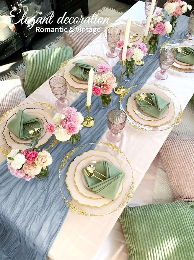 10 Pack Dusty Blue Cheesecloth Table Runner 17x108 Inch Semi Sheer Boho Gauze Cheese Cloth Table Runners, for Wedding Bridal Shower Birthday Party Home Decor Garden Farmhouse