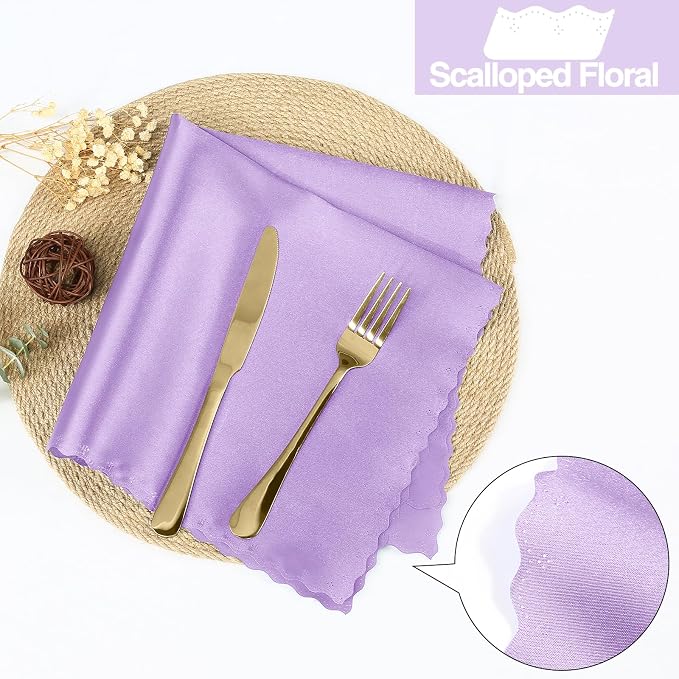 Homiest 100 Pack Light Purple Satin Napkins 17x17 Inches - Scalloped Square Silky Elegant Dinner Decor for Wedding, Restaurant, Graduation Party
