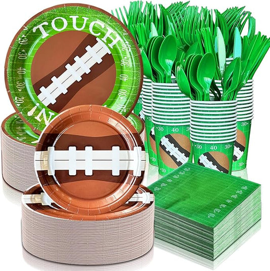 LFSTGN 350 PCS Football Party Decorations, Plates and Napkins Sets Includes Plates Dessert Napkins Cups Plastic Knives Forks Spoons Disposable Dinnerware Set For Football Party (50 Guest)