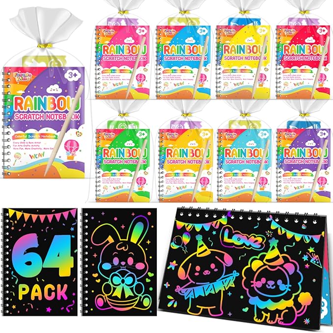 Scratch Paper Art Party Favors for Kids: 64 Pack Rainbow Scratch Notebook, Goodie Bags Stuffers Coloring Books Party Favors for Kids 3-12, Bulk Classroom Birthday Gifts for Student