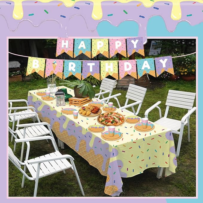 Ice Cream Party Supplies Kit for 24 With Ice Cream Plates, Napkins, Cups, Tablecloth, Banner for Birthday Decorations
