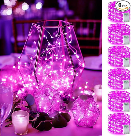 YEGUO Valentine Decor String Lights, 6 Packs Each 16ft 50 LED Fairy Lights Battery Operated, Christmas Lights Indoor for Bedroom Wedding Party Holiday Gift(Pink)