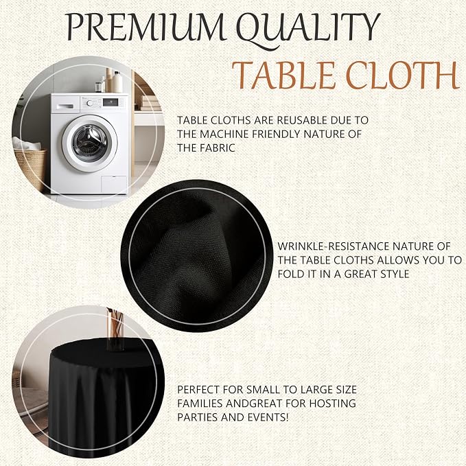120x120 Table Cloth - 6 Pack Round White Washable Stain and Wrinkle Resistant Polyester Table Cover for Dining Tables, Various Parties and Camping (Black)