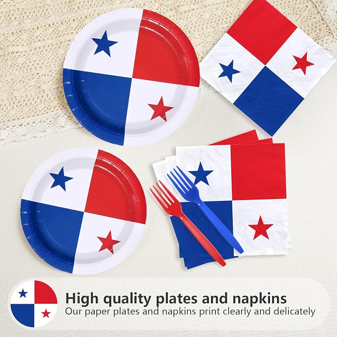 96Pcs Panama Flag Party Supplies Panama Theme Plates and Napkins National Flag Disposable Paper Tableware Set for Soccer Sports Events Patriotic Festival Brithday Party Decoration Serves 24