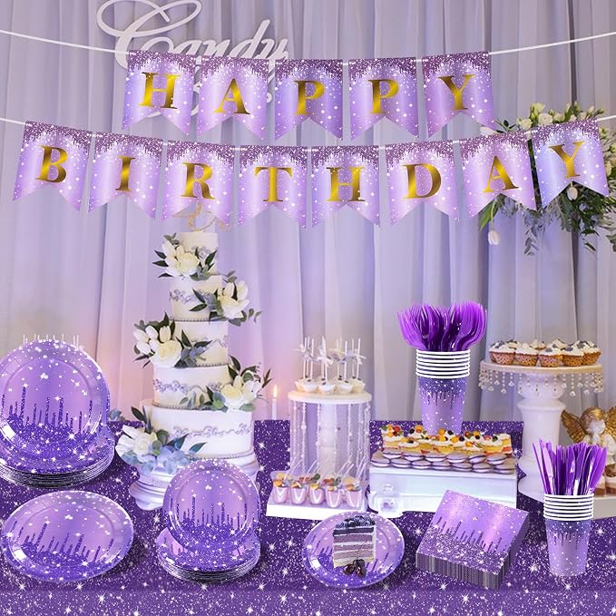182PCS Purple and Silver Birthday Party Decorations,Purple Theme Party Plates and Napkins Disposable Tableware Set for Girls Ladies Women Wedding Favors,Serves 30 Guests