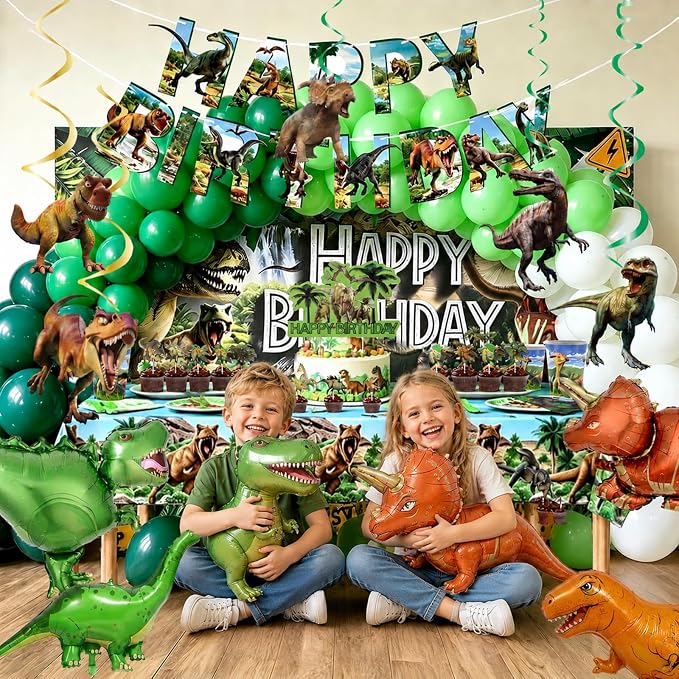 Dinosaur Birthday Party Decorations, 173 PCS Dino Party Supplies | Tableware Serves 10, Banner, Backdrop, Tablecloth, Cake Toppers, Balloons, Hanging Swirls, Stickers for Party Decor