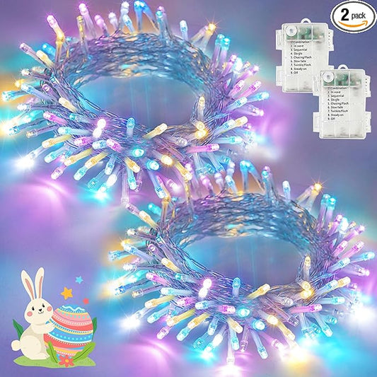 Easter Lights Battery Operated Twinkle Lights, 2 Pack 33FT 100LED Multicolor easter String Lights, 8 Modes Waterproof Pastel Light Indoor Outdoor, Fairy Lights for Room Garden Party Easter Decorations