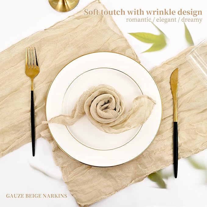 60 PCS Beige Gauze Cheesecloth Napkins,20x20 Inch Gauze Napkin Rustic Wrinkled Cheesecloth Napkin Bulk Washable Dinner Table Napkins for Wedding Party Bridal Shower Baby Shower Events Decor