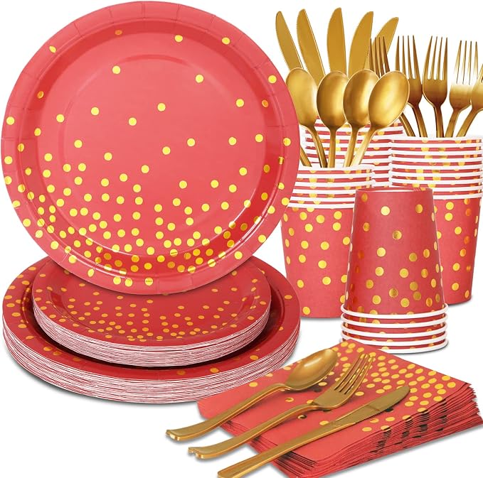 168Pcs Red and Gold Party Decorations, Red Plates and Napkins Party Supplies Serve 24, for Birthday Chinese New Year, Valentines, Mardi Gras