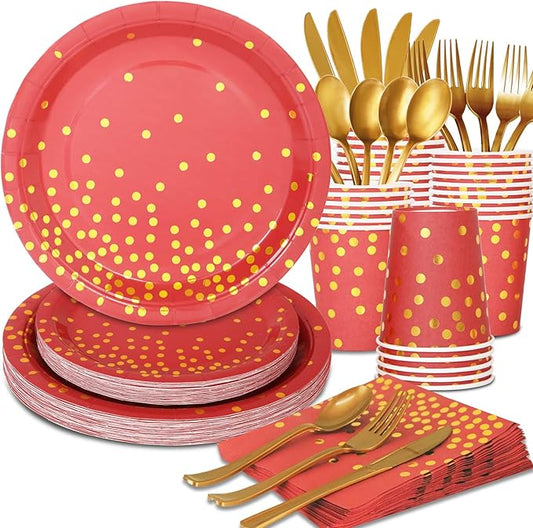 168Pcs Red and Gold Party Decorations, Red Plates and Napkins Party Supplies Serve 24, for Birthday Chinese New Year, Valentines, Mardi Gras