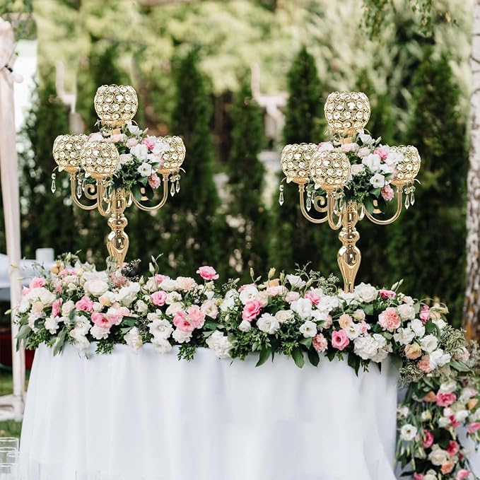 1Pc 22.5 Inch 5-Arm Tea Light Crystal Candle Holder/Candlestick, Exquisite and Gorgeous Crystal Candelabra Table Centerpiece for Wedding/Holiday Events, Parties & Home Decor