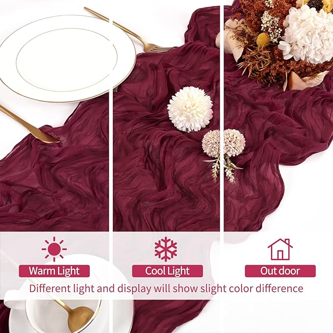 8 Pack Burgundy Cheesecloth Table Runner 120 Inch 10FT Spring Boho Rustic Sheer Gauze Cheese Cloth Table Runner for Wedding Baby Shower Birthday Party Table Decor
