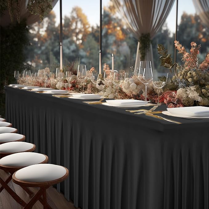 2 Packs Black Table Clothes for 8 Foot Rectangle Tables, Wrinkle Resistant Stretch Spandex Table Covers Fitted Tablecloth with Skirt for Event Banquet Wedding Birthday Party