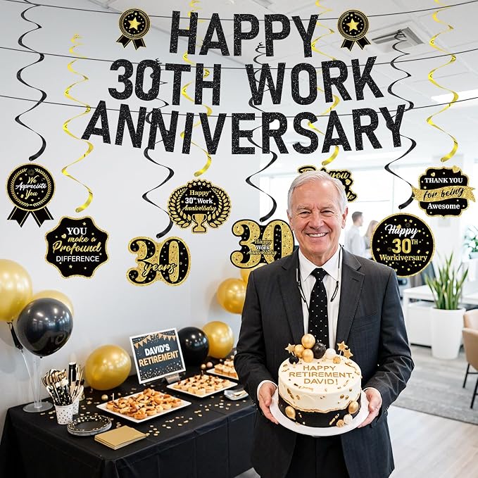11pcs 30 Year Work Anniversary Decorations Black Gold Happy 30th Work Anniversary Banner Hanging Swirls Employee Appreciation Decorations Supplies 30 Year Workiversary Gifts for Employee Worker
