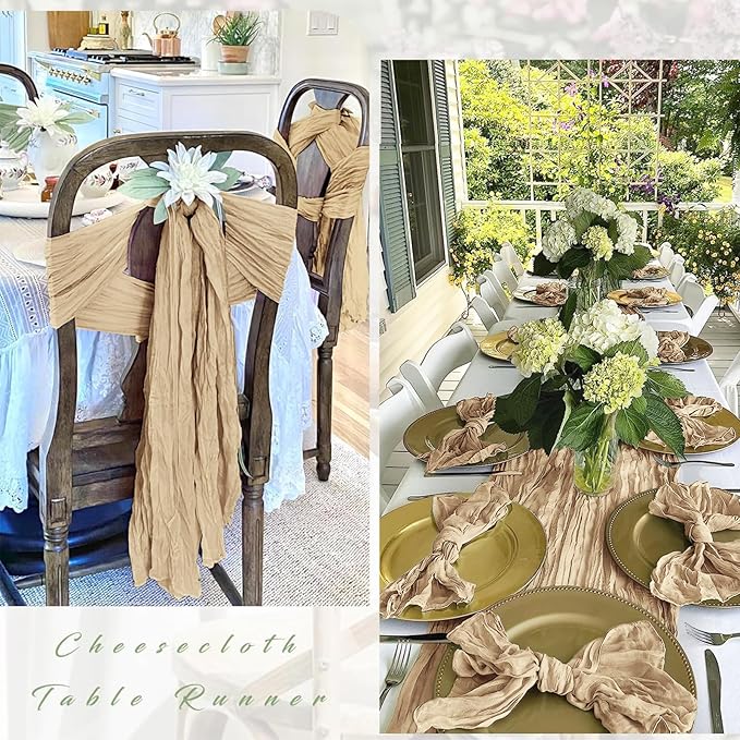 25 Pack Beige Cheesecloth Table Runner 17 x 108 Inch Gauze Table Runner Fabric Semi Sheer Cheese Cloth Table Runner Bulk for Rustic Romantic Wedding Baby Shower Table Decoration