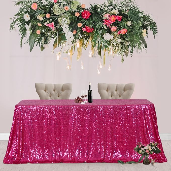 Poise3EHome Hot Pink Sequin Tablecloth 90×132 Inch Rectangle Sparkly Fabric Table Cloth for Baby Shower Birthday Party Wedding Christmas Holiday Decoration