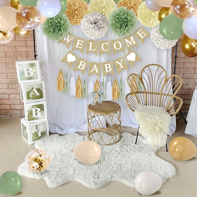 Sage Green Baby Shower Decorations Olive Green Balloon Garland Kit Welcome Baby Banner Balloons Pom Poms Flowers Tassels Circle Dots Star Garland for Gender Neutral Baby Shower Supplies