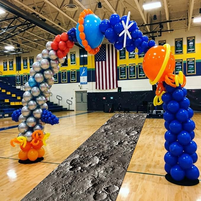 Lyrow 1 Piece Space Themed Party Decorations 2 x 10 ft Moon Aisle Runner Non-Slip Lunar Carpet for Outer Space Birthday Party Decoration Astronaut Galaxy Birthday Supplies Lawn Indoor Outdoor Decor