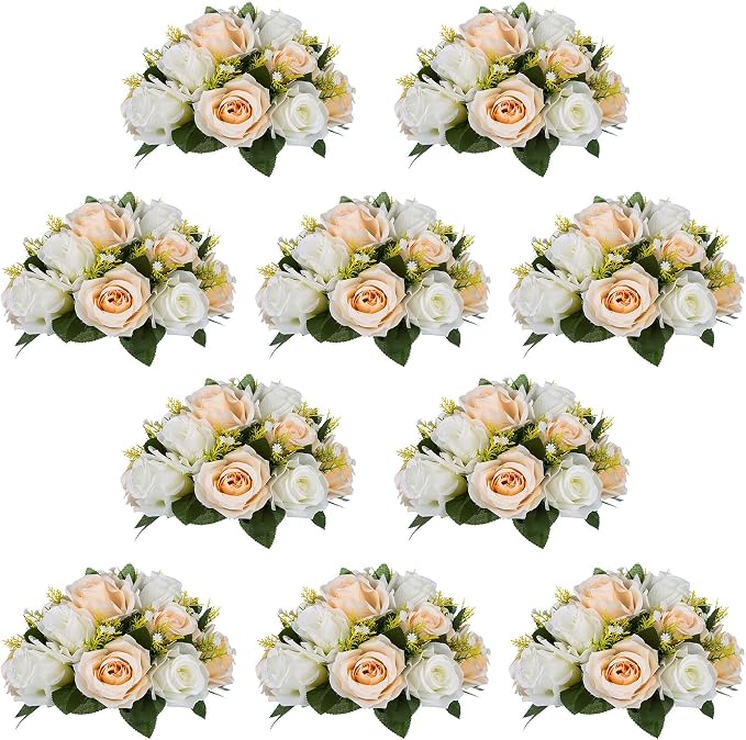 NUPTIO Flower Balls Wedding Table Centerpieces, Peachy Champagne & White | 10 Pcs 9.5 inch Artificial Rose Floral Bouquet Arrangement, for Bridal Shower, Birthday Party Decorations