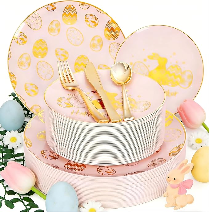 Liacere 150Pcs Easter Plates with Gold Bunny - Pink Plastic Dinnerware Includes 30 Egg and Rabbit 30 Dessert Plates, 30 Forks, 30 Spoons,30 Knives for Easter Party