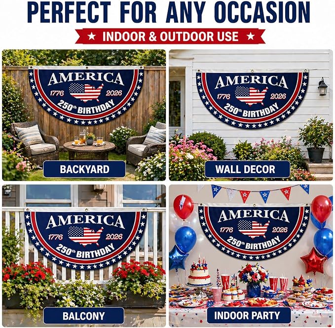 250 Year Anniversary Patriotic Fan Bunting Banner 1776–2026, USA Map Flag Design with Stars, 3x6 FT Large Outdoor Decoration, Brass Grommets, 2 Pack