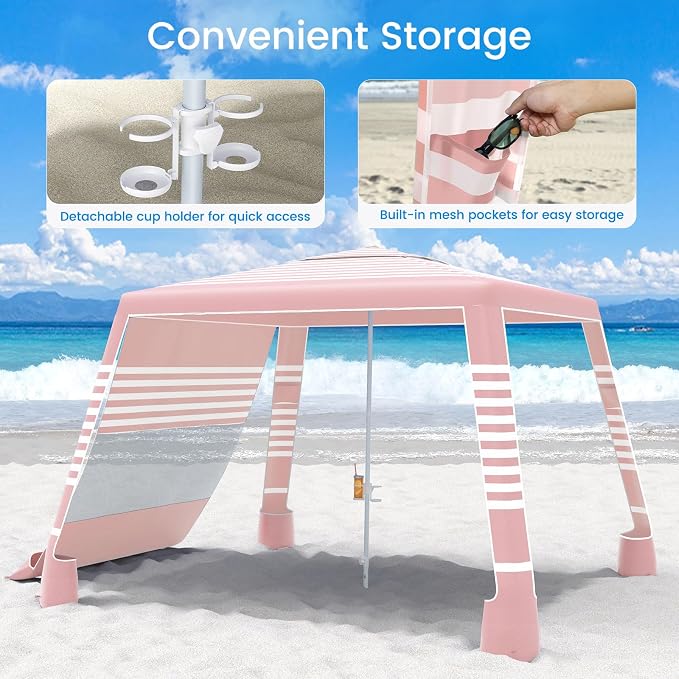 MoKo Beach Cabana, 8'×8' Large Beach Canopy with Side Wall, UPF 50+ Protection Easy Setup Beach Tent Sun Shelter, Adjustable Height Wind Resistant Cabana Beach Tent for Whole Family, Pink Stripe
