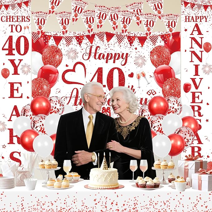 Red Happy 40th Anniversary Decorations for Men Women, Red White 40th Wedding Anniversary Party Decorations Banner, Porch Banner, Triangle Flag, Tablecloth and Balloons Kit Party Supplies