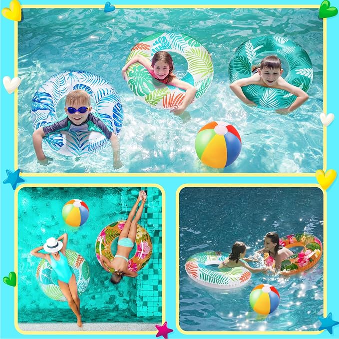 7-Pack Luau Pool Floats Floaties: Inflatable Swim Rings & Beach Balls for Summer, Tropical Luau Party Decorations, Floating Tubes Toys for Kids Adults