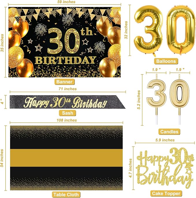 30th Birthday Decorations for Him Her with 30th Birthday Banner, Black and Gold Table Cloth, Number Balloons, Large Sash, Cake Topper and Candles