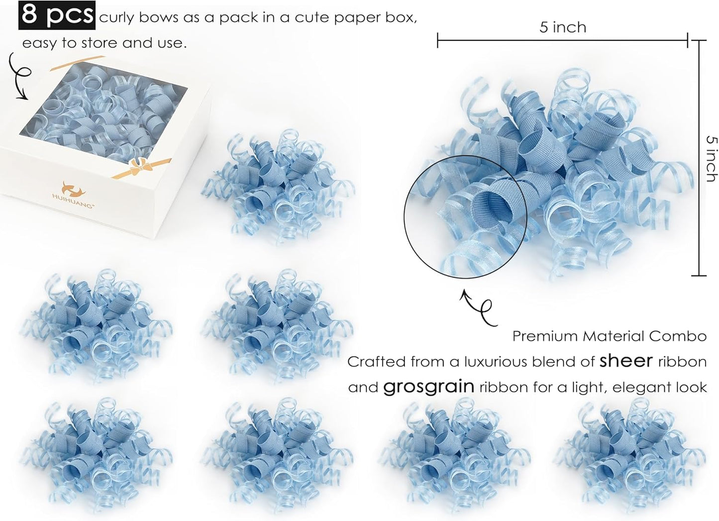 HUIHUANG Blue Gift Bows 5 inch x 8 Counts Dusty Blue Self-Adhesive Curly Ribbon Bows for Gift Wrapping, Presents, Paper Bag, Baby Shower Favors, Wrapping Accessories, Wedding Decor