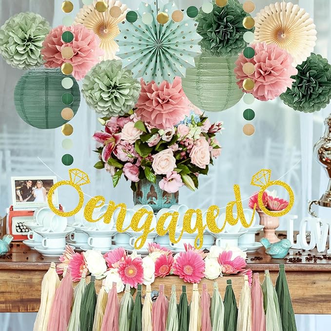 Engagement Party Decorations Pink and Sage Green Engaged Party Decoration Olive Tissue Pom Poms Paper Fans Tassel Garlands for Sage Green Dusty Pink Bridal Shower Engagement Married Decoration