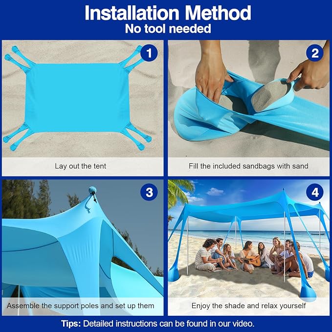 Rhino Valley Beach Tent, 10 x 13 FT Beach Shade UPF50+ Protection, Beach Canopy with 8 Sandbags 4 Stability Poles,Outdoor Beach Tent Sun Shelter Umbrella for Sand,Camping,Fishing Essentials, Sky Blue