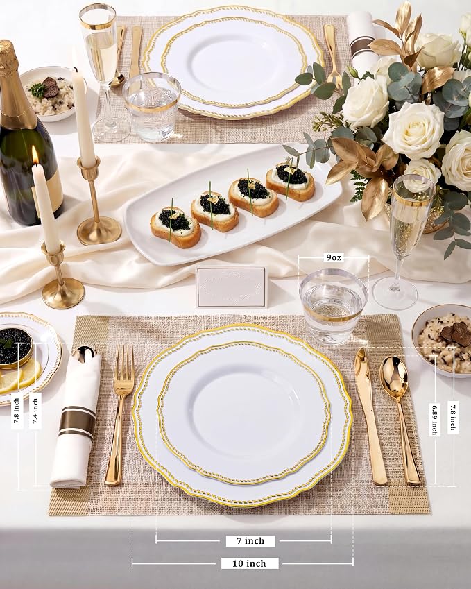 Hioasis 350pcs White and Gold Plastic Plates - Gold Plastic Dinnerware Set Includes 50 Dinner Plates, 50 Dessert Dinnerware, 50 Cups, 50 Rolled Napkin Cutlery Perfect for Wedding & Party
