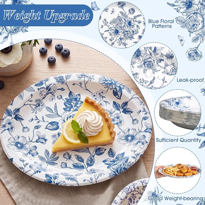 Vesici 150 Pcs Blue Floral Party Supplies 10'' x 12'' Large Oval Paper Plate Napkin Cup Set Vintage Blue White Floral Tableware Disposable Heavy Duty Plate Birthday Wedding Bridal Shower Decoration