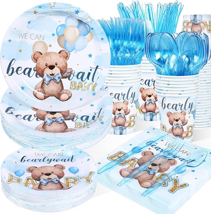 350pcs Bear Baby Shower Decorations for 50 Guests Party Supplies for Boy Include Paper Plate, Napkin, Cup and Disposable Plastic Tableware