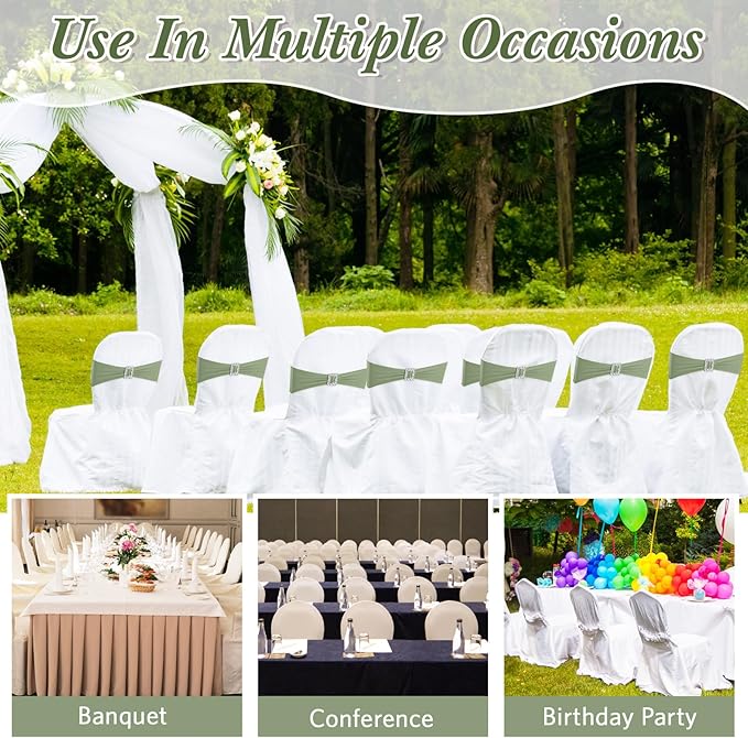 VitalCozy 150 Pcs Spandex Chair Sashes with Square Buckle Slider Stretch Chair Cover Band Universal Elastic Ties Straps Bows for Wedding Banquet Event Party Decoration(Sage Green)
