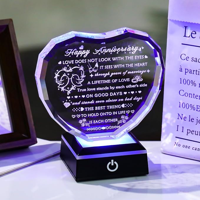 Arikyrist Wedding Anniversary Crystal Heart Gifts for Couple Parents, Happy Anniversary Crystal Gift for Wife Husband Men Women with LED Base Marriage Present for Him Her Girlfriend Boyfriend