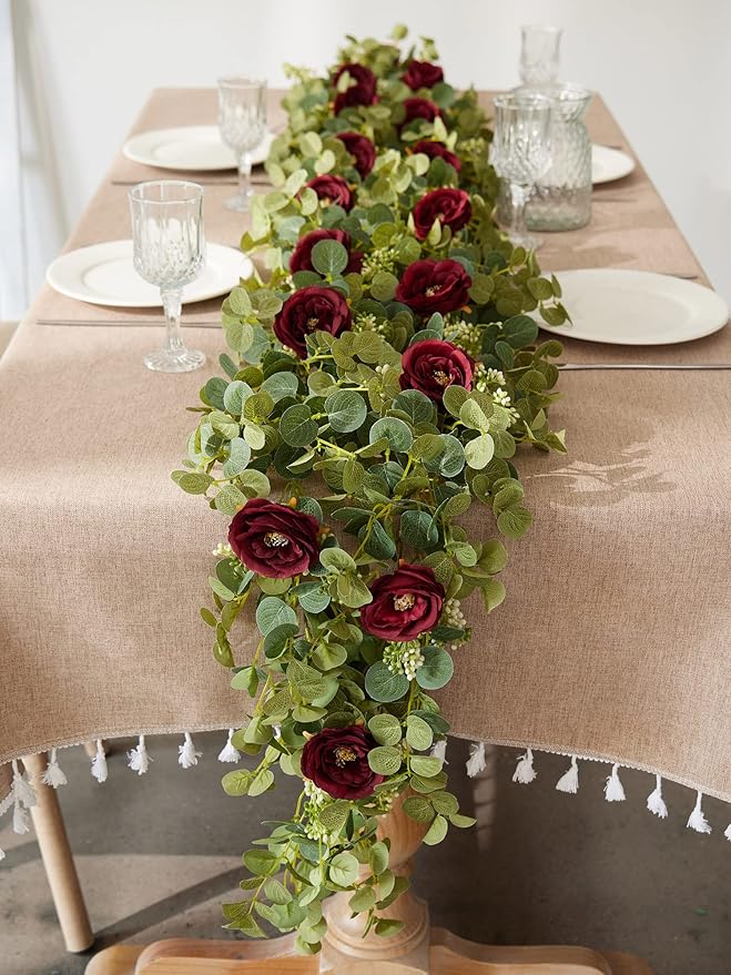 PARTY JOY 6.5 ft Eucalyptus Garland with Flowers, Floral Greenery for Party Wedding Table Indoor Outdoor Backdrop Wall Decor (Red,1)