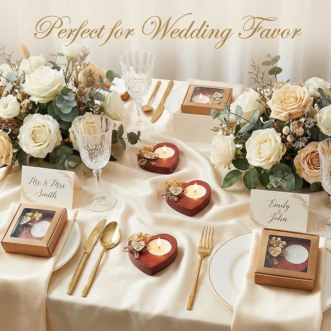 12 Pcs Wedding Candles Favors Rustic Wood Heart Candle Holders Bridal Shower Thank You Gifts for Guest Anniversary,Engagement Party Favors Decor (Deep Wood Color)