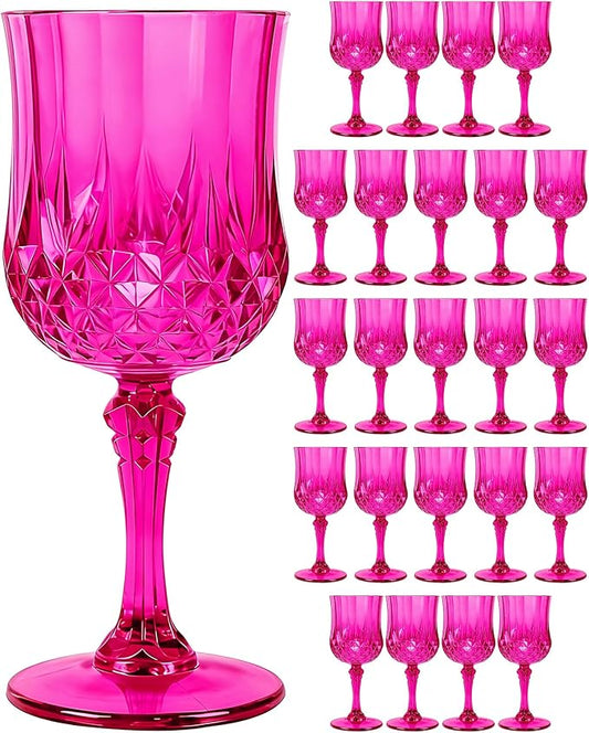 Plastic Wine Glasses Set, 7oz Vintage Goblets Shatterproof Unbreakable Reusable & Disposable, Drinking Glasses with Stem, for Wedding Outdoor Dinner Easter Party (24pcs, Hot Pink)