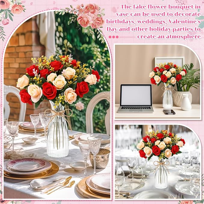 Zeyune 31 Pcs Rose Artificial Flowers with Vase Bulk for Table Centerpiece, 20 Bundles Fake Silk Roses 10 Plastic Clear Vase with 1 Pcs Rope Arrangement Decoration Wedding Home Party(Champagne,Red)