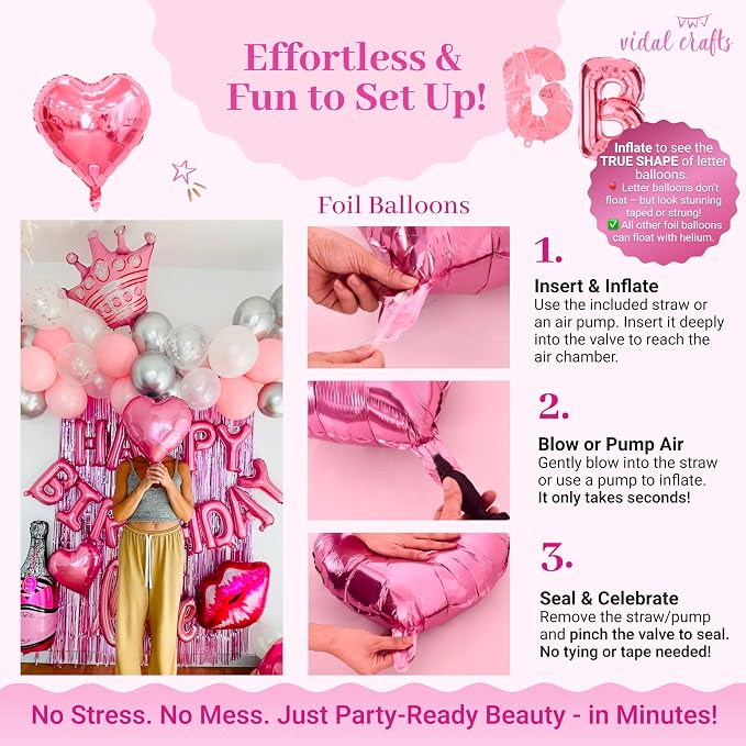 Vidal Crafts Pink Birthday Decorations – 71-Piece Happy Birthday Decorations with Latex, Foil & Confetti Balloons, Happy Birthday Banner & Foil Fringe Curtains for Fun Birthday Parties