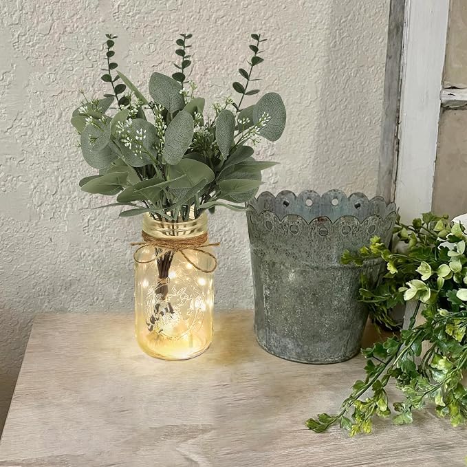 Set of 3 Mason Jar Lights, Plant Decorative Jars Vase Holiday Table Decor | Farmhouse Table Centerpiece for Home Wedding Event Party Decor