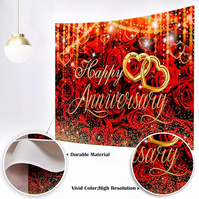 Mocsicka 7x5 ft Happy Anniversary Backdrop Wedding Anniversary Party Decoration Red Rose Floral Gold Bokeh Heart Background for Wedding Couple Love Party Supplies (Red, M-(82x60 inch))
