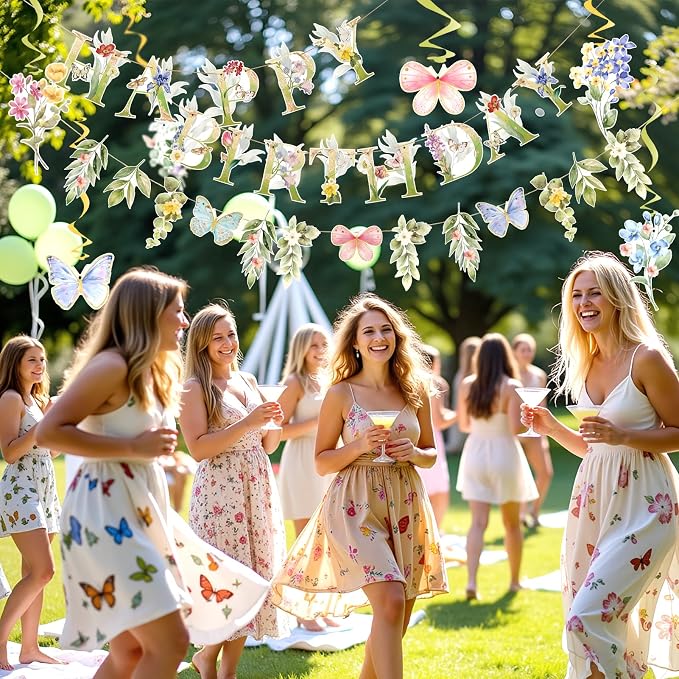 SUNBEAUTY Wildflowers Butterfly Birthday Decorations Garden Flower Happy Birthday Banner with Floral Hanging Swirls Wildflower Party Decorations for Women Girls Baby Shower Wedding Tea Party