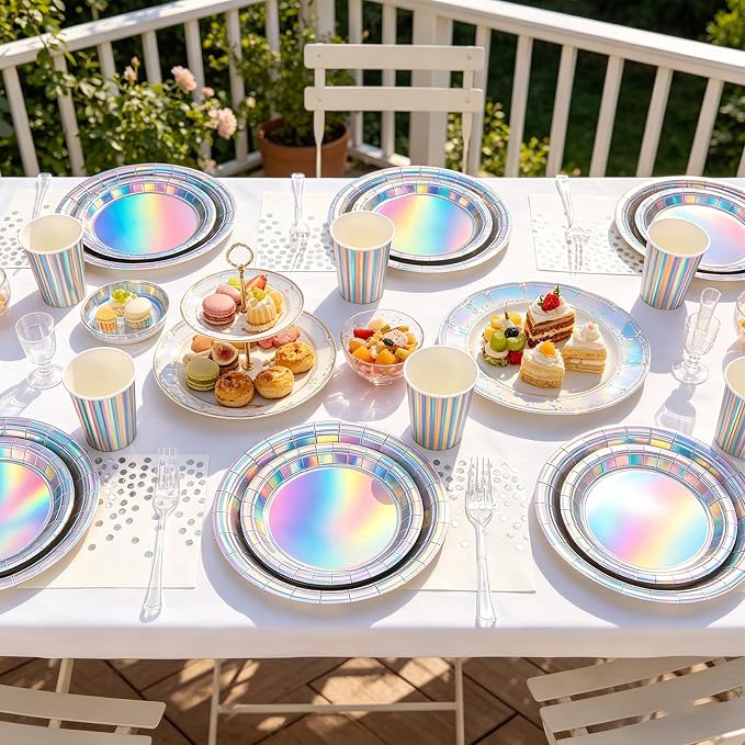 Iridescent Plates and Napkins Party Supplies for 24 Guests, Disposable 9’’ and 7'' Silver Holographic Paper Plates and Cups, Forks & Napkins Set for Mermaid, Birthday Party Decorations