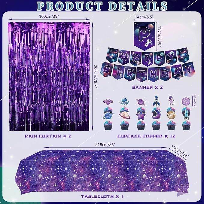 Galaxy Theme Party Decorations, Space Galaxy Happy Birthday Banner, Balloons, Tablecloth, Cupcake Toppers, Foil Curtains, Plates, Cups, Napkins, Galaxy Outer Space Birthday Party Supplies, Serves 20